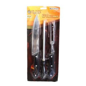 Kit churrasco 03 pcs faca/garfo/afiador cabo plastico 14047 Elite
