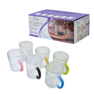 Jogo c/ 06 canecas 350ml vidro c/ alca color ref f0283 Flashgoods