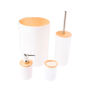 Conj banheiro 04 pcs plastico branco c/tampa bambu 473 Flashgoods