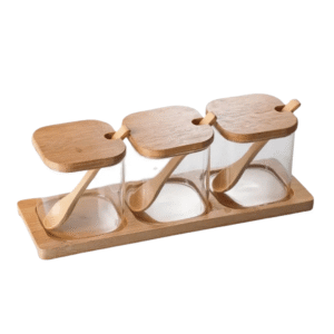 Porta condimento 03 pcs vidro c/ suporte bambu 17085 Inga Import