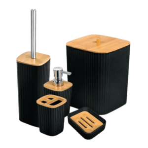 Conj banheiro 05 pcs plastico preto c/tampa bambu 0432 Rio Home