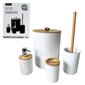 Conj banheiro 04 pcs plastico branco c/tampa bambu fj90354 FWB