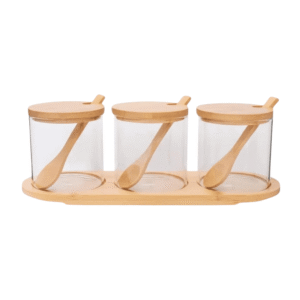 Porta condimento 03 pcs vidro 270ml  suporte bambu 231189 Fu Xing