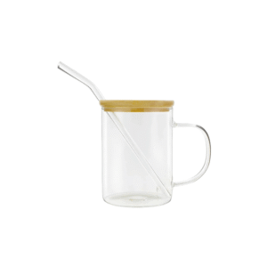 Caneca 400ml vidro c/ canudo e tampa bambu 9236 Fu Xing