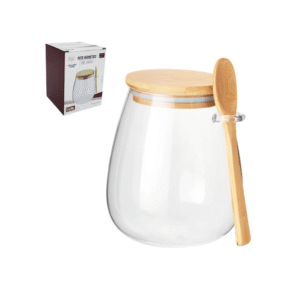 Pote 650ml hermetico vidro c/ tampa e colher bambu 24305 Fu Xing