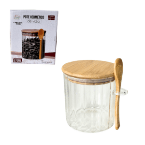 Pote 570ml vidro canelado tampa e colher bambu 24318 Fu Xing