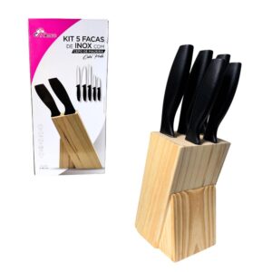 Conj c/ 05 facas inox cabo preto c/cepo madeira 17759 Inga Import